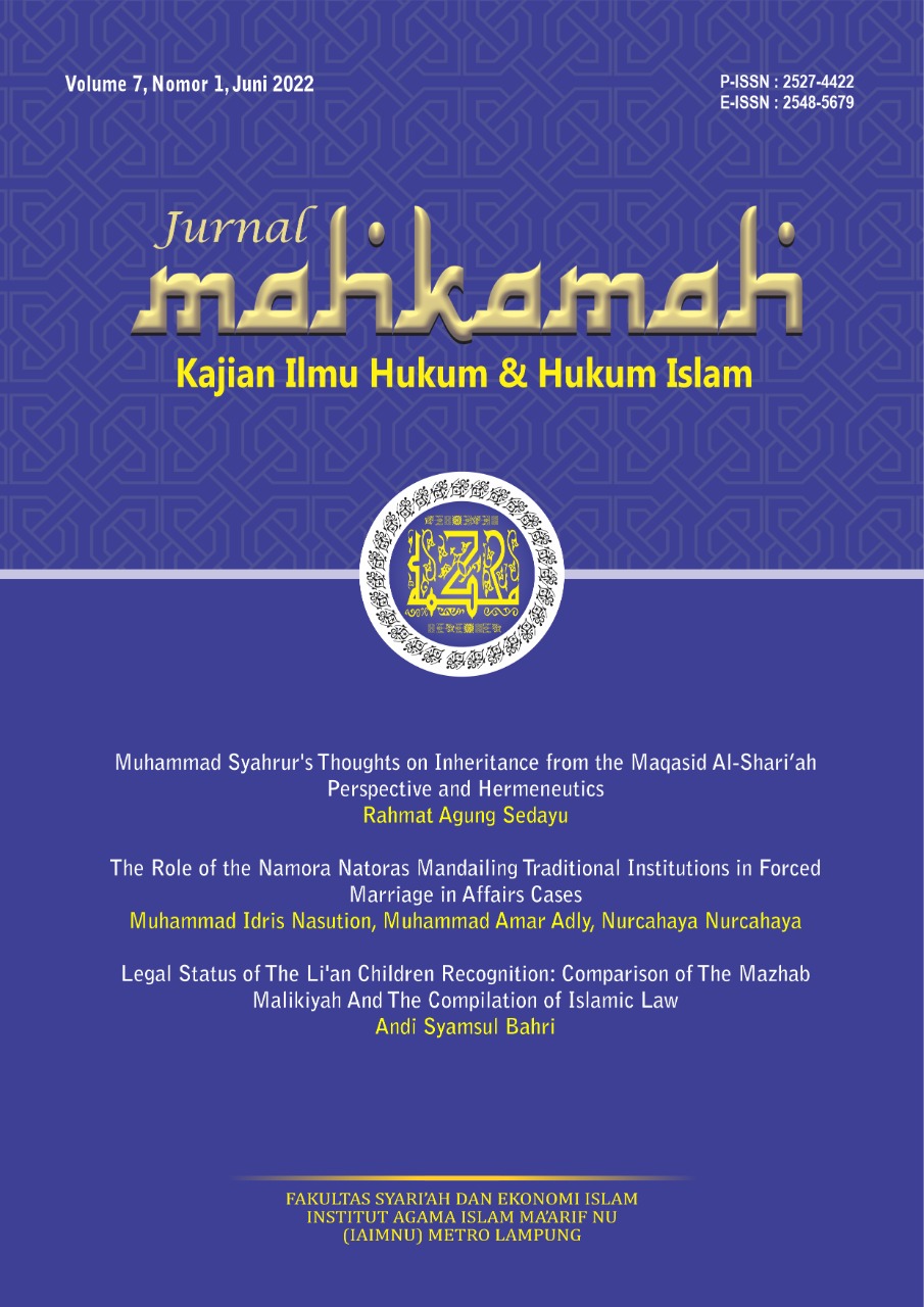 					View Vol. 7 No. 1 (2022): Jurnal Mahkamah: Kajian Ilmu Hukum dan Hukum Islam
				